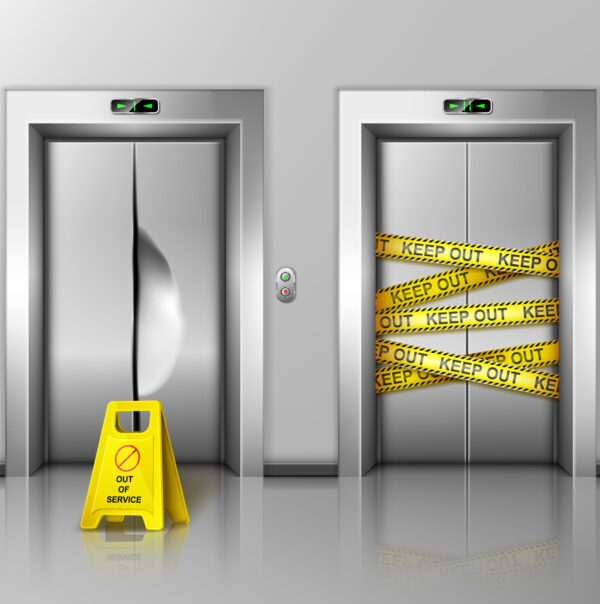 Broken elevators closed for repair or maintenance. Caution sign stand near lift damaged doors with dent, chrome metal doorway gate wrapped with warning yellow stripe, realistic 3d vector Illustration